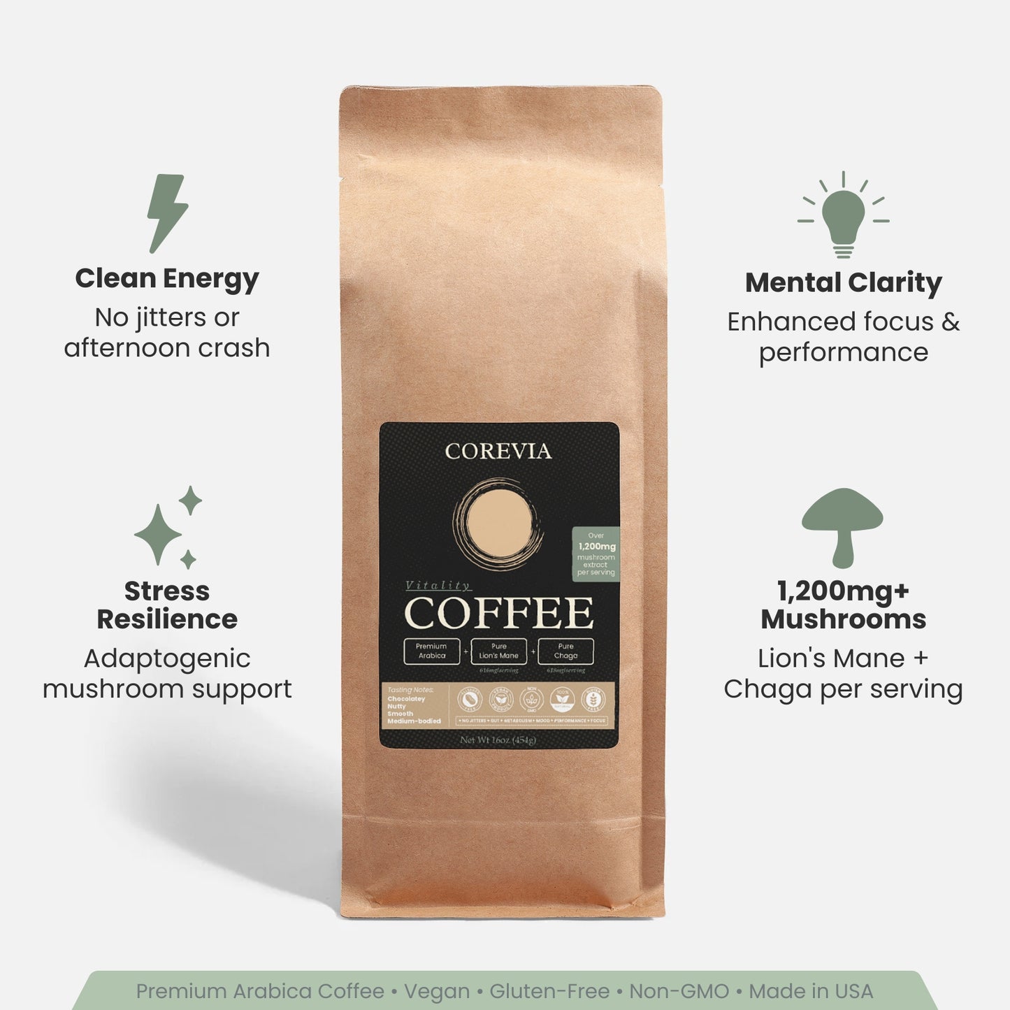 Vitality Coffee | Clean Energy & Sharp Focus Without Jitters | Lion's Mane + Chaga | 16oz Bag