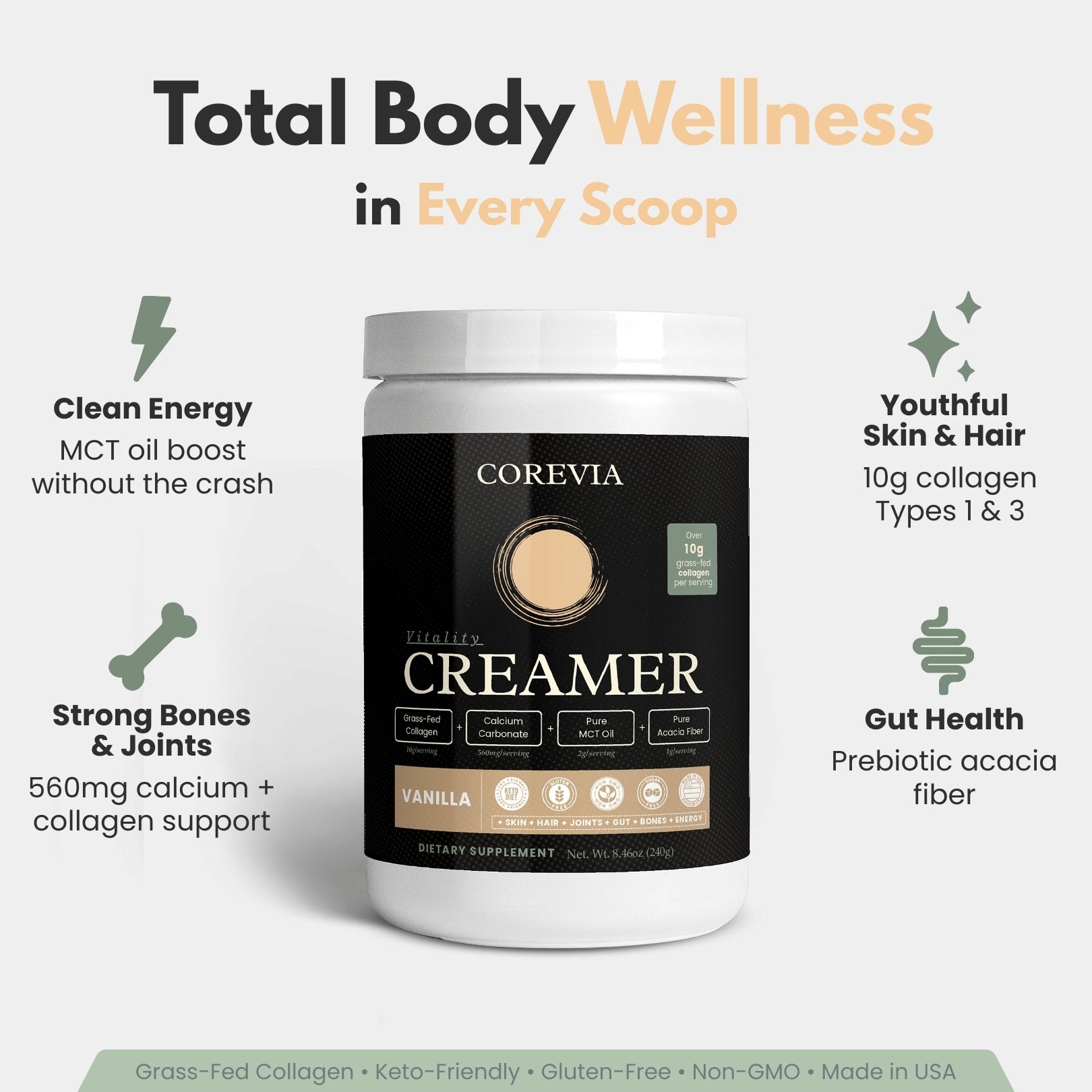 Vitality Creamer | Skin, Hair & Joint Support + Clean Energy | Grass-Fed Collagen + MCT