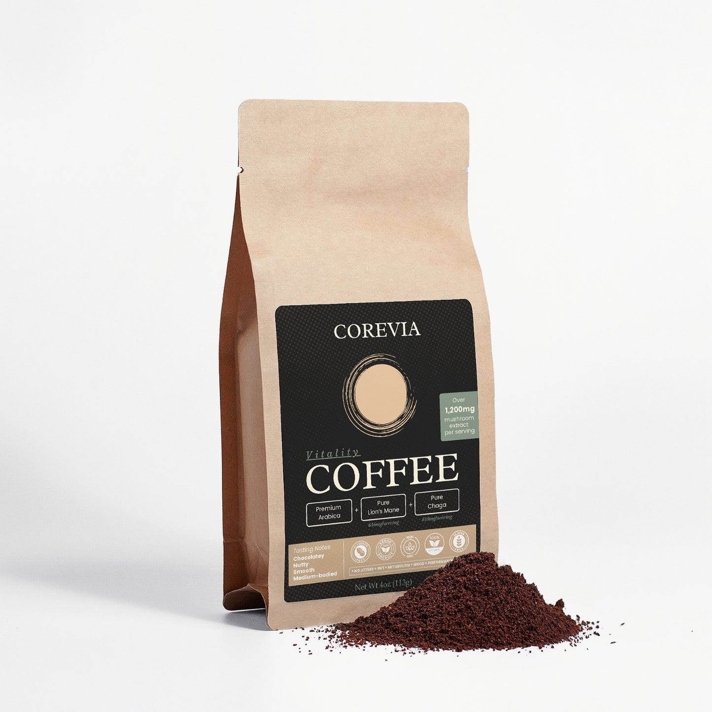 Vitality Coffee | Clean Energy & Sharp Focus Without Jitters | Lion's Mane + Chaga | 4oz Bag (Trial Size)